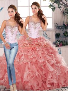 Wonderful Watermelon Red Two Pieces Organza Scoop Sleeveless Beading and Ruffles Floor Length Clasp Handle 15 Quinceanera Dress