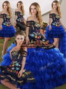 Floor Length Blue And Black Sweet 16 Dresses Off The Shoulder Sleeveless Lace Up