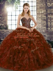 Brown Lace Up Sweetheart Beading and Ruffles Sweet 16 Quinceanera Dress Organza Sleeveless