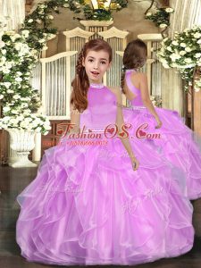 Halter Top Sleeveless Little Girl Pageant Gowns Floor Length Beading and Ruffles Lilac Organza