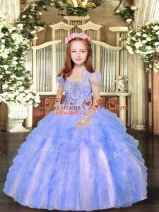 Custom Designed Floor Length Blue And White Pageant Gowns For Girls Straps Sleeveless Lace Up