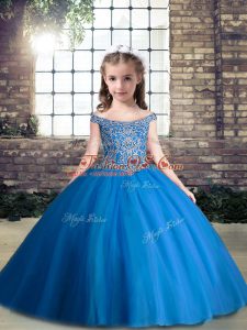 Tulle V-neck Sleeveless Lace Up Beading Little Girl Pageant Gowns in Blue