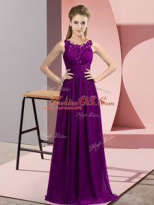 Sleeveless Floor Length Beading and Appliques Zipper Bridesmaid Dresses with Purple