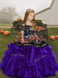 New Style Floor Length Purple Kids Formal Wear Organza Sleeveless Embroidery and Ruffles