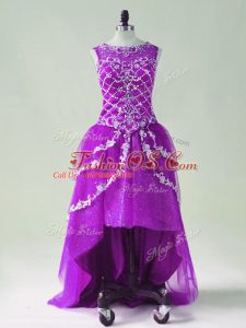 Noble Sleeveless High Low Beading and Appliques Zipper with Purple
