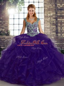 Noble Purple Tulle Lace Up Quinceanera Gowns Sleeveless Floor Length Beading and Ruffles