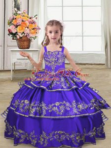 Sleeveless Floor Length Embroidery and Ruffled Layers Lace Up Child Pageant Dress with Purple