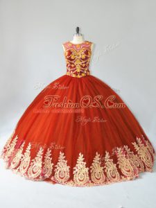 Traditional Scoop Sleeveless Lace Up Ball Gown Prom Dress Rust Red Tulle