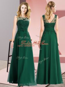 Best Sleeveless Chiffon Floor Length Zipper Wedding Party Dress in Dark Green with Beading and Appliques