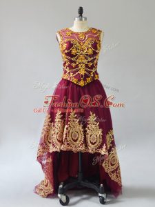 Cute Burgundy A-line Scoop Sleeveless Tulle High Low Lace Up Beading and Appliques Homecoming Dress