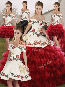 Vintage Wine Red Organza Lace Up Off The Shoulder Sleeveless Floor Length Sweet 16 Quinceanera Dress Embroidery and Ruffled Layers