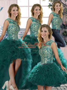 Cute Scoop Sleeveless Lace Up Vestidos de Quinceanera Peacock Green Organza