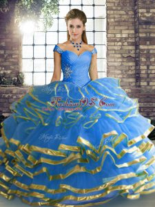 Floor Length Lace Up Vestidos de Quinceanera Blue for Military Ball and Sweet 16 and Quinceanera with Beading and Ruffled Layers