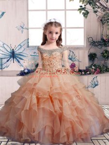 Latest Peach Organza Lace Up Little Girl Pageant Gowns Sleeveless Floor Length Beading and Ruffles