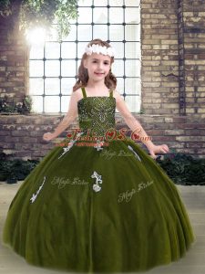 Beauteous Olive Green Tulle Lace Up Strapless Sleeveless Floor Length Kids Pageant Dress Appliques