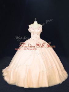 Peach Sweet 16 Quinceanera Dress Tulle Court Train Sleeveless Beading