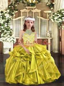 Excellent Yellow Green Ball Gowns Sleeveless Organza Lace Up Beading and Ruffles Pageant Dress Wholesale