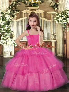Ball Gowns Pageant Dress Wholesale Hot Pink Straps Tulle Sleeveless Floor Length Lace Up