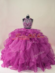 Organza Scoop Sleeveless Brush Train Backless Beading and Ruffles Quinceanera Gowns in Fuchsia