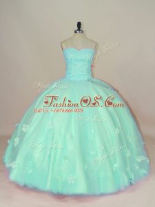 Sweetheart Sleeveless Quinceanera Gowns Floor Length Hand Made Flower Apple Green Tulle