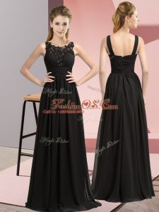 Great Floor Length Black Bridesmaid Dress Chiffon Sleeveless Beading and Appliques