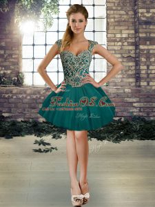 Ball Gowns Evening Dress Dark Green Straps Tulle Sleeveless Mini Length Lace Up