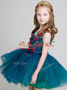 Dynamic Teal Organza Zipper Toddler Flower Girl Dress Sleeveless Mini Length Lace and Appliques