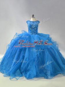 Low Price Blue Sweet 16 Dress Scoop Sleeveless Brush Train Lace Up