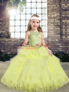 Sleeveless Floor Length Lace and Appliques Lace Up Pageant Gowns with Yellow Green