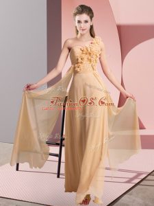 Stylish Empire Wedding Party Dress Peach One Shoulder Chiffon Sleeveless Floor Length Lace Up