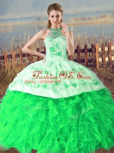 Edgy Sleeveless Embroidery and Ruffles Lace Up Sweet 16 Dress with Green Court Train