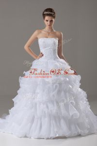 White Wedding Dress Wedding Party with Lace and Ruffled Layers Strapless Sleeveless Brush Train Lace Up