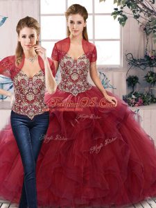 Best Beading and Ruffles Quinceanera Gowns Burgundy Lace Up Sleeveless Floor Length