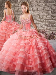 Adorable Sleeveless Court Train Beading and Ruffled Layers Lace Up Quinceanera Gowns