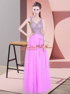 Lilac Sleeveless Floor Length Beading Zipper Prom Dress