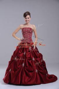 Wine Red Sleeveless Taffeta Brush Train Lace Up 15th Birthday Dress for Sweet 16 and Quinceanera