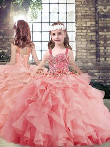 Watermelon Red Tulle Lace Up Straps Sleeveless Floor Length Little Girls Pageant Gowns Beading and Ruffles