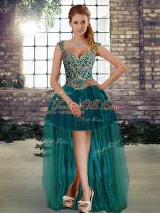 Trendy Sleeveless Tulle High Low Lace Up Prom Dress in Dark Green with Beading