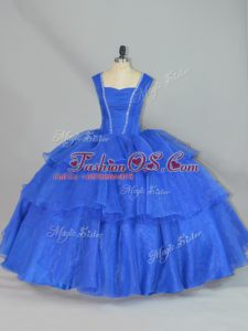 Blue Sleeveless Organza Lace Up Quinceanera Gown for Sweet 16 and Quinceanera