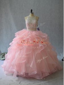 Halter Top Sleeveless 15 Quinceanera Dress Beading and Ruffles Peach Organza