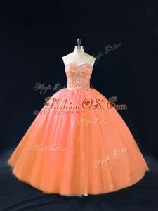Deluxe Peach Sleeveless Tulle Lace Up Sweet 16 Dresses for Sweet 16 and Quinceanera