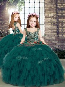 Custom Fit Teal Tulle Lace Up Straps Sleeveless Floor Length Child Pageant Dress Beading and Ruffles