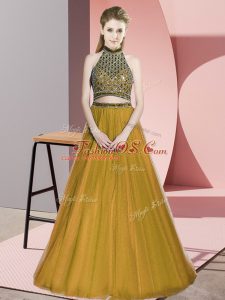 Unique Brown Sleeveless Floor Length Beading Backless Prom Dresses