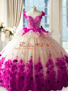 Fuchsia Scoop Neckline Hand Made Flower Ball Gown Prom Dress Sleeveless Zipper