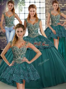 Edgy Sleeveless Floor Length Beading and Appliques Lace Up Sweet 16 Dresses with Green