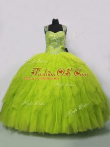 Suitable Floor Length Yellow Green Sweet 16 Dress Tulle Sleeveless Beading and Ruffles