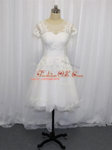 Charming White Short Sleeves Mini Length Lace Zipper Wedding Dresses