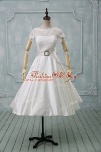 Exquisite Scoop Short Sleeves Tulle Wedding Dress Lace and Sashes ribbons Clasp Handle