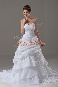 High Quality White Lace Up Wedding Gown Beading and Pick Ups and Hand Made Flower Sleeveless Brush Train