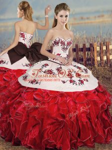 Unique White And Red Sleeveless Embroidery and Ruffles and Bowknot Floor Length Quinceanera Dresses